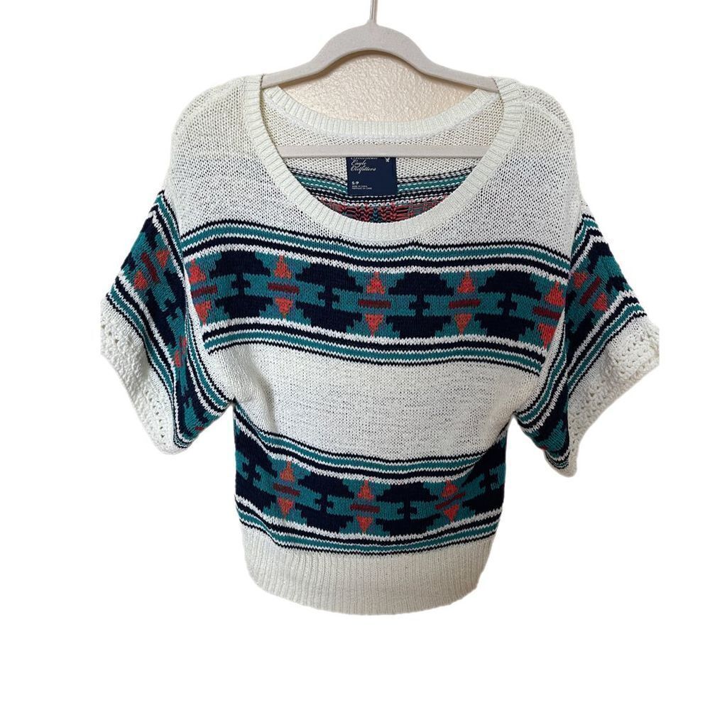 AEO Sweater Knit Aztec Southwestern Print Womens Small/P White green Orange Blue - Picture 1 of 7
